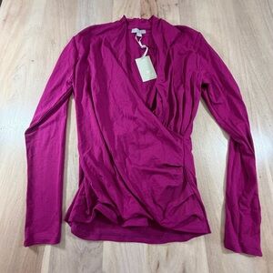NEW Pure Collection Stretchy Ruched Side Magenta Longsleeve Blouse Size 8/10